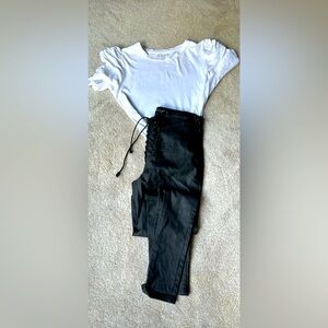 Shiny faux leather lace crotch, with side zipper closure. Shirt sold separately